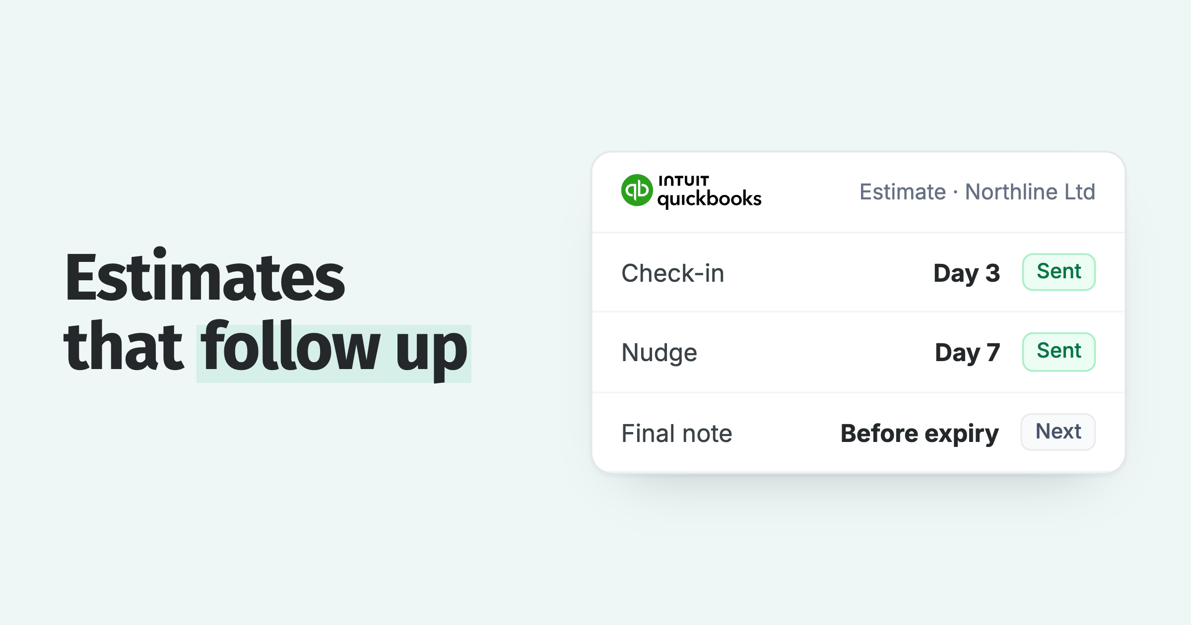 QuickBooks estimate follow-up: a check-in on day 3, a nudge on day 7 and a final note before expiry