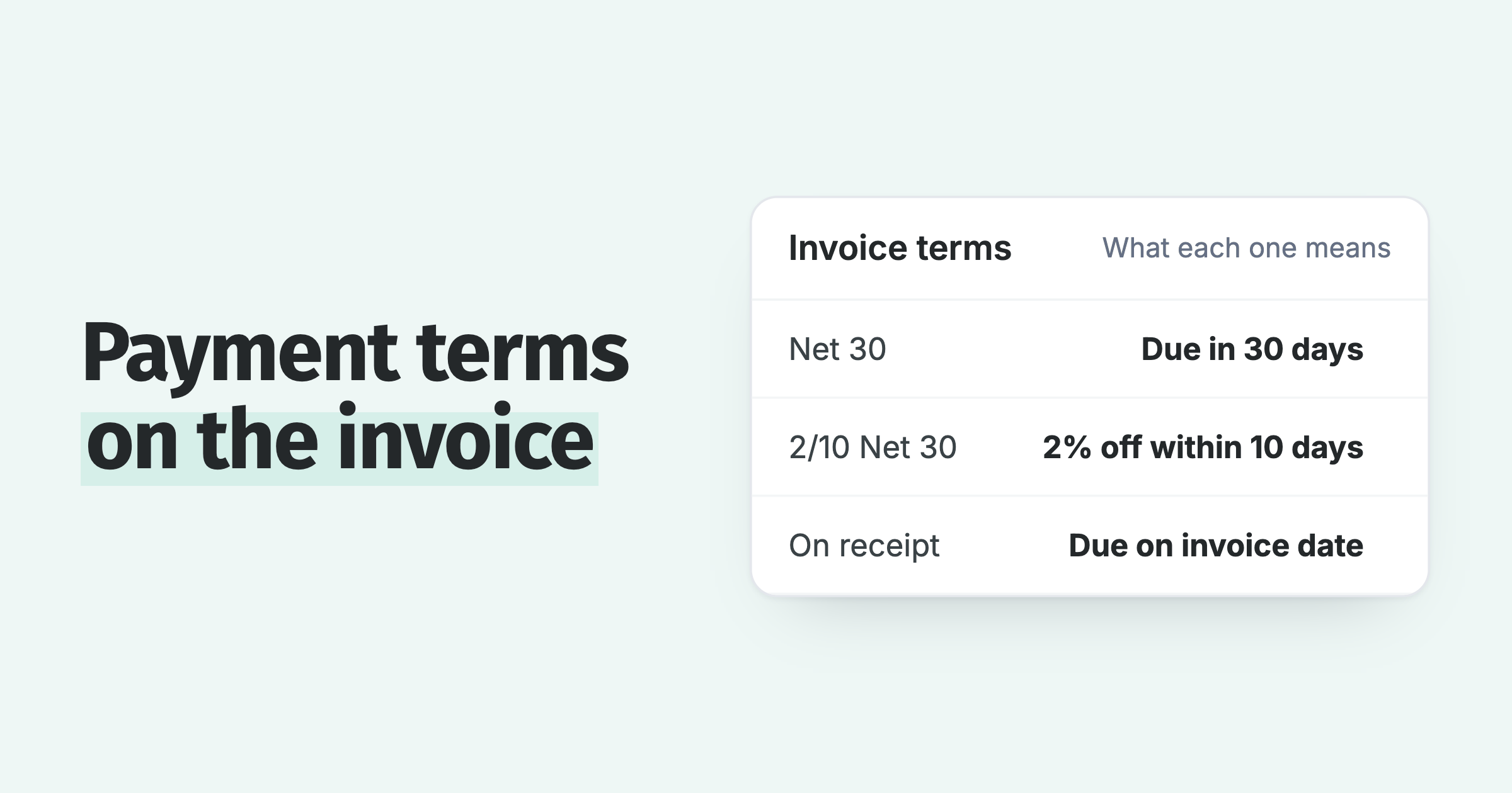 Invoice payment terms: Net 30, 2/10 Net 30 and due on receipt, with what each one means