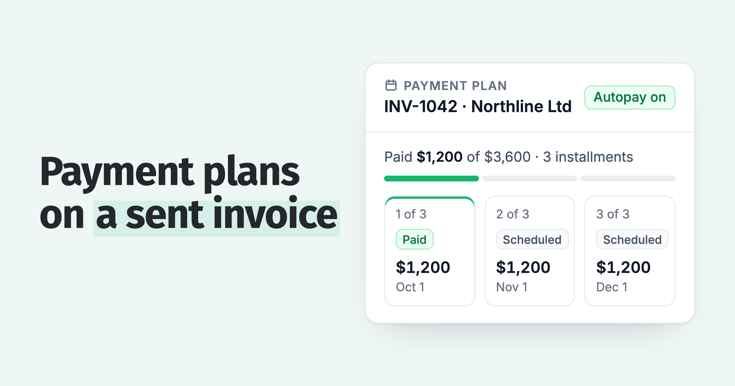 Payment plan on invoice INV-1042: three installments of $1,200, the first paid, with autopay on