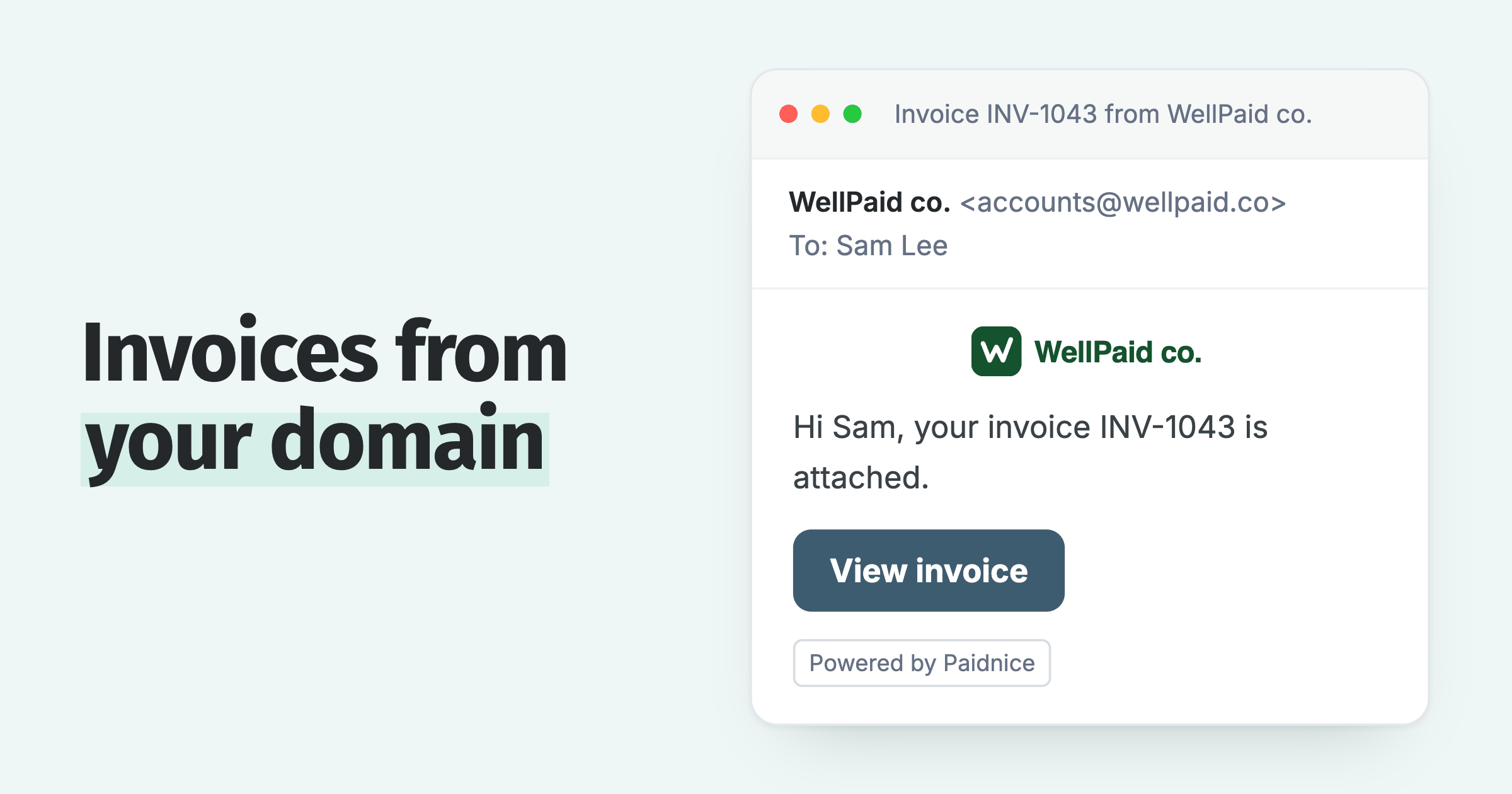 Invoice email to Sam Lee sent from accounts@wellpaid.co, the seller domain, with a View invoice button